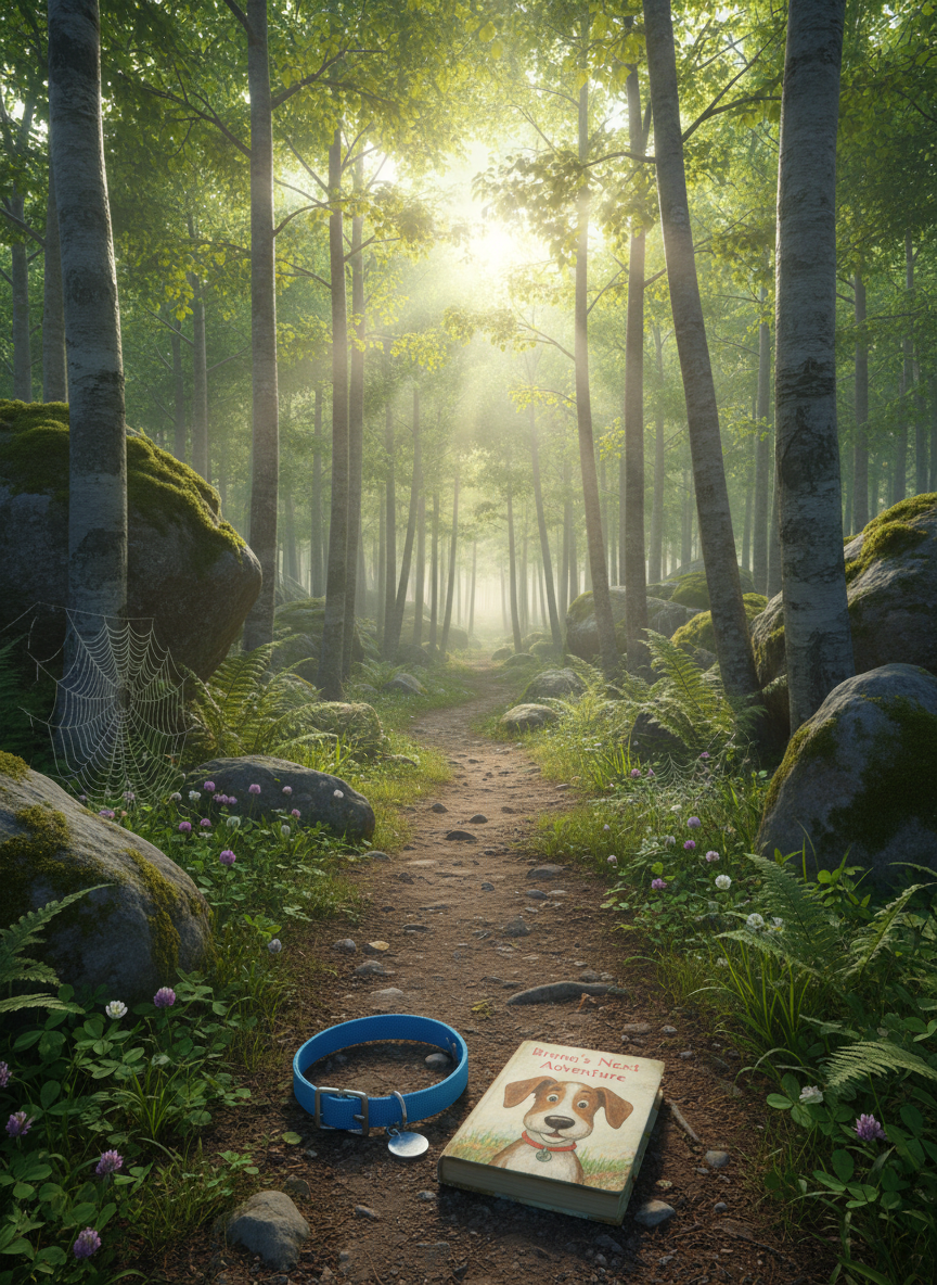 A forest clearing at dawn with a narrow dirt path winding between moss-covered rocks and tall, slender trees whose leaves glow with fresh, translucent green. At the trail’s entrance lies a bright blue collar and a tiny, well-loved storybook showing a simple drawing of a dog on the cover, hinting at Bruno’s next adventure. Soft morning light spills through the branches, creating beams of light and delicate mist in the air. Photographic realism, shot from a slightly low angle down the path, drawing the viewer into the scene. The atmosphere feels enchanted yet grounded, blending spirituality, nature, and childlike curiosity in one inviting image.