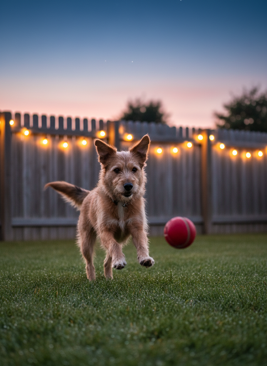 A grassy backyard at twilight with a slightly scruffy, medium-sized brown dog—Bruno—caught mid-prance, his ears perked and tail mid-wag as he chases a bright red rubber ball. Dewy blades of grass glisten, and a weathered wooden fence frames the scene, with string lights glowing softly overhead. The sky fades from pastel pink to deep blue. Photographic realism, captured from a low, dog-eye perspective, with sharp focus on Bruno and the ball and a soft, creamy bokeh in the background. The mood is playful and adventurous, yet safe and homey, echoing children’s stories about everyday magic in familiar places.