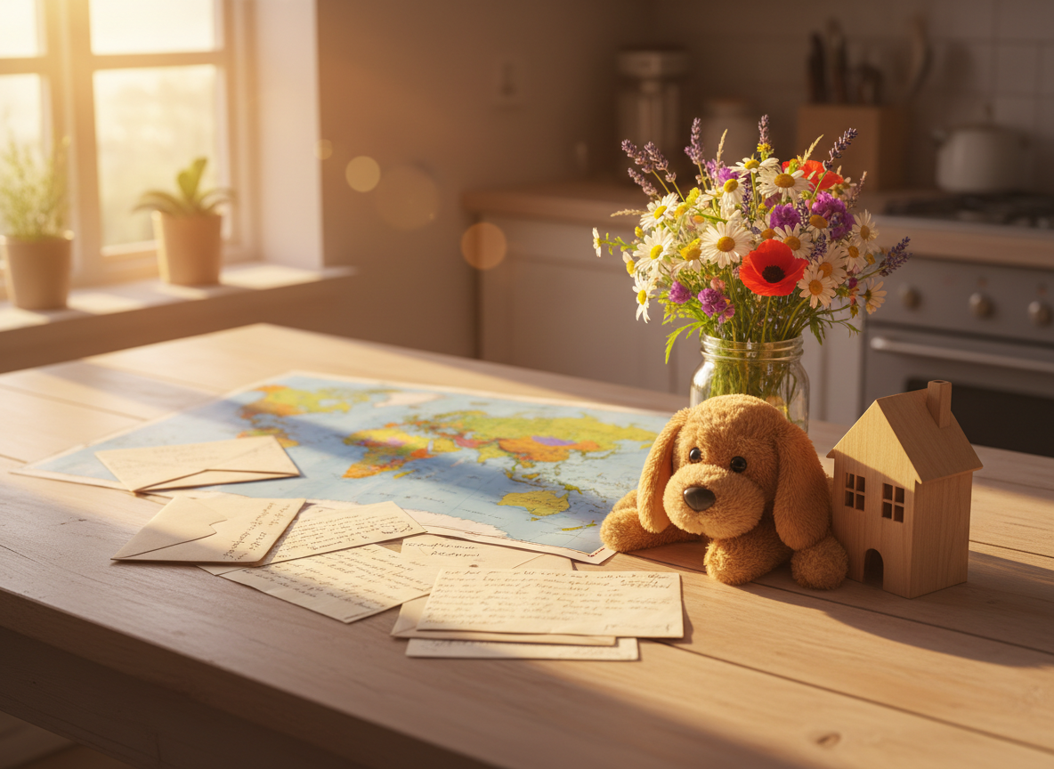 A sunlit kitchen table made of pale, knotty wood, covered in scattered handwritten letters, a colorful world map, and a small carved wooden house, symbolizing adoption and chosen family. At the table’s edge, a plush toy dog with floppy ears leans against a glass jar of wildflowers, hinting at Bruno’s playful presence. Golden hour light pours through a nearby window, creating warm streaks across the paper textures and gentle bokeh in the background. Photographic realism from a slightly elevated angle, using the rule of thirds to keep the table’s objects balanced. The atmosphere feels hopeful, tender, and grounded in everyday realism, suggesting stories of belonging and homecoming.