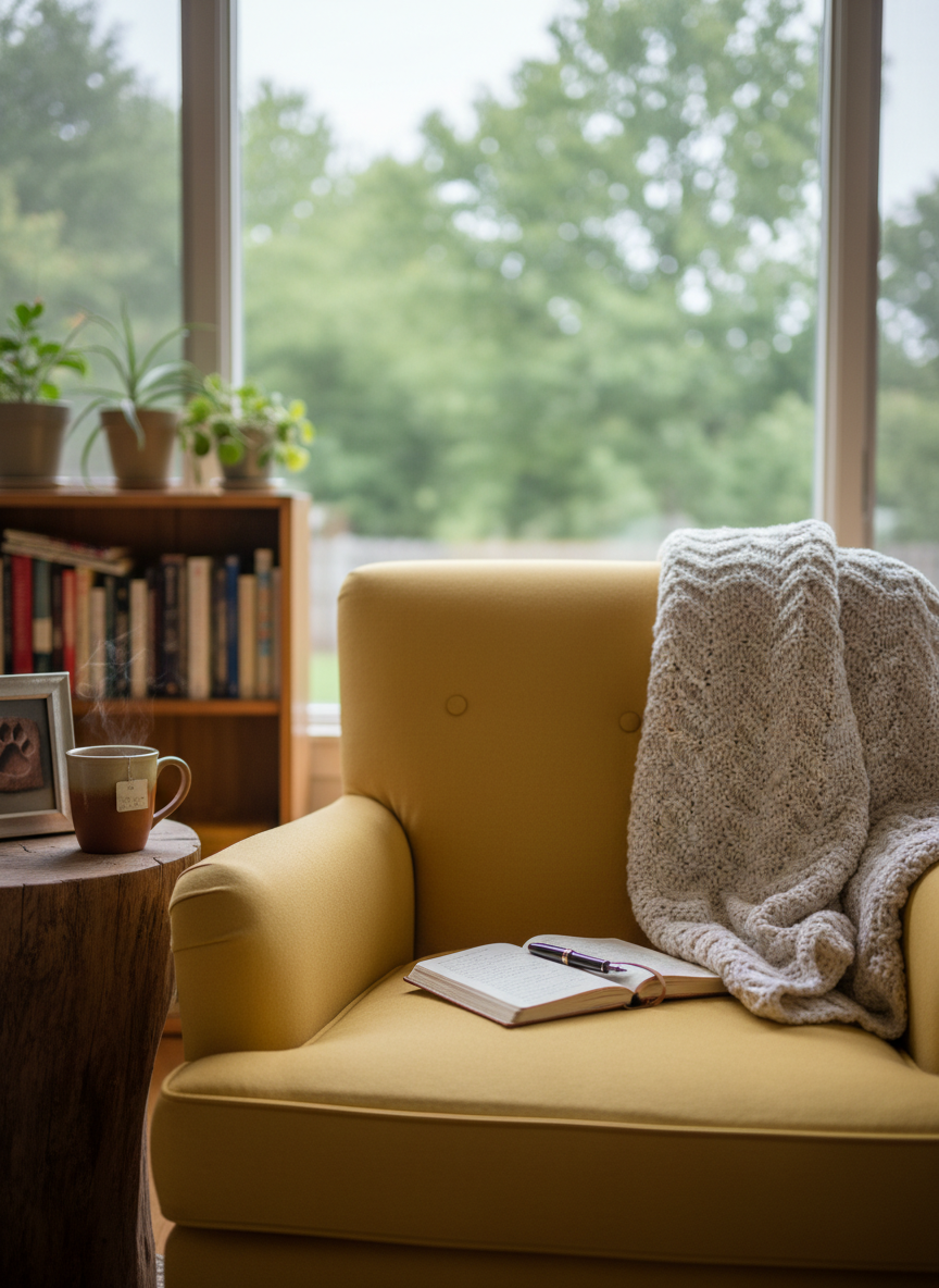 A cozy living room scene centered around a well-worn, sunflower-yellow armchair with a knitted blanket draped over one arm and an open journal resting on the seat. A small side table holds a steaming mug of herbal tea and a framed photo of a paw print in clay. Large windows reveal a soft, overcast sky and leafy backyard trees, suggesting a quiet afternoon. Natural light filters in, casting gentle shadows and subtle highlights on the fabric texture. Shot at eye level in photographic realism, with a shallow depth of field that blurs the background bookshelf and plants, the mood feels reflective, warm, and slightly whimsical—perfect for a blog about life stories and gentle self-discovery.