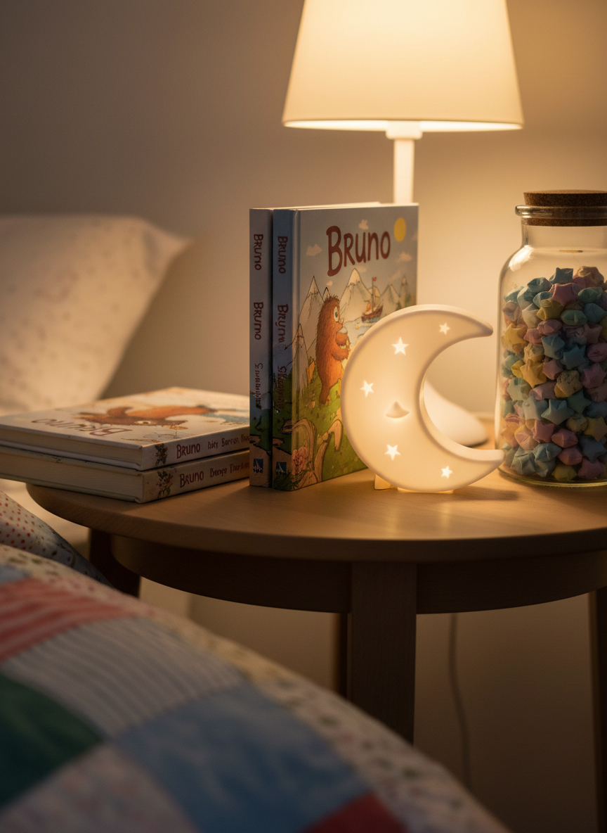 A small round bedside table bathed in warm lamplight, holding a stack of children’s books about Bruno’s adventures, their illustrated covers just visible without readable text. Beside them sits a ceramic night-light shaped like a tiny moon, softly glowing, and a glass jar filled with folded paper stars. The edge of a quilt with mismatched, colorful patterns peeks into the frame, suggesting an inviting bed just out of view. Photographic realism with a close-up composition and shallow depth of field, focusing on the book spines and the moon’s gentle glow. The mood is dreamy, safe, and slightly magical, perfect for bedtime stories and gentle reflections on the day.