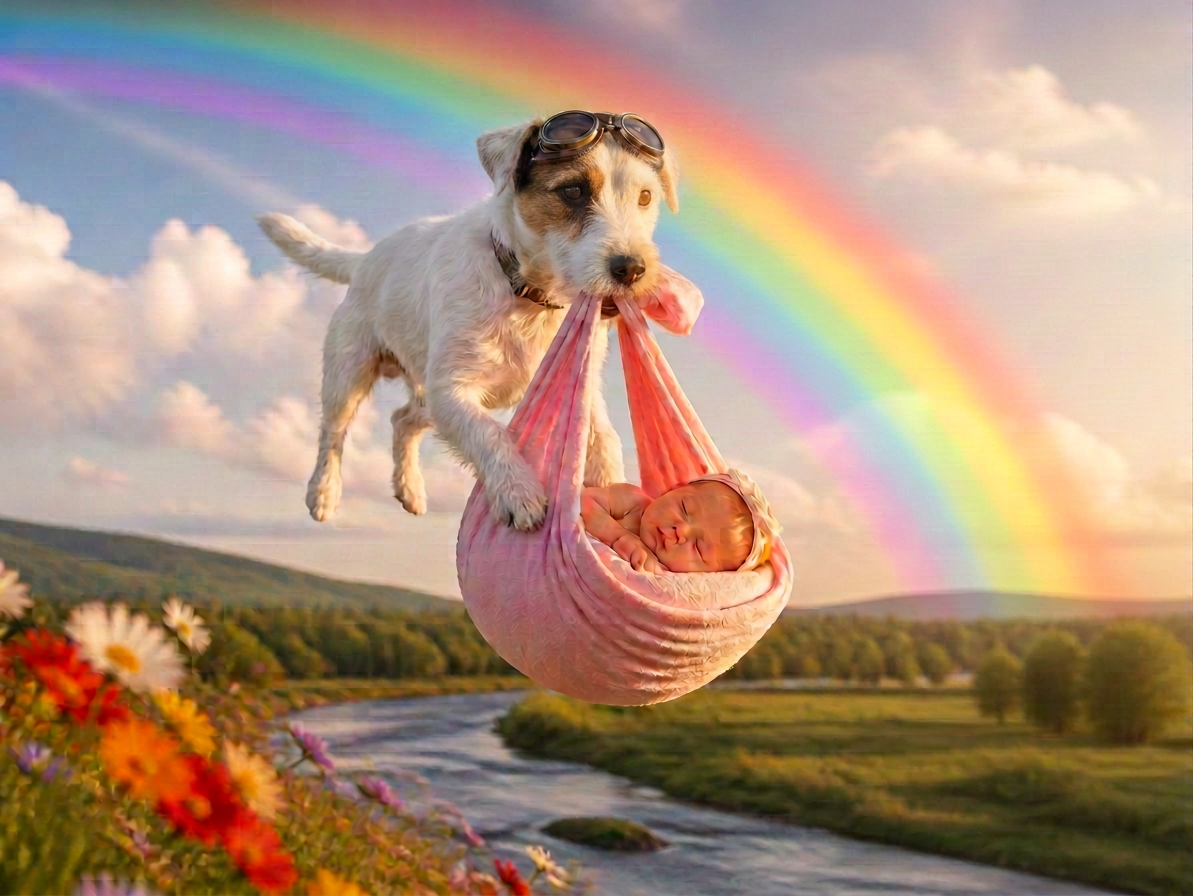 Flying teddy bear carrying a sleeping baby in a pink sling beneath a rainbow